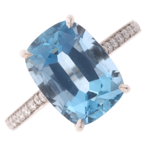 A platinum aquamarine and diamond ring, by G Collins & Sons, Sheffield 2021, claw set with 4.5ct cushion-cut aquamarine flanked by modern round brilliant-cut diamond shoulders and shank, aquamarine weight calculated from measurements: 12.07 x 8.89 x 6.25mm, size N, 6.6g