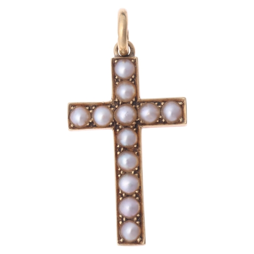 1130 - An Antique Victorian 15ct gold split pearl cross pendant, unmarked mount tests as 15ct, 30.3mm, 2.9g