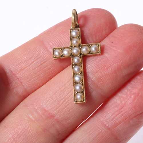 1130 - An Antique Victorian 15ct gold split pearl cross pendant, unmarked mount tests as 15ct, 30.3mm, 2.9g