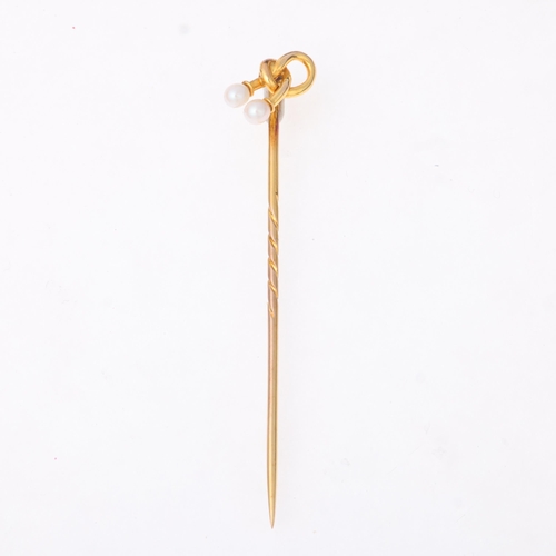 1134 - An Antique Victorian 15ct gold pearl knot stickpin, head 12.2mm, overall 5.5cm, 1.3g