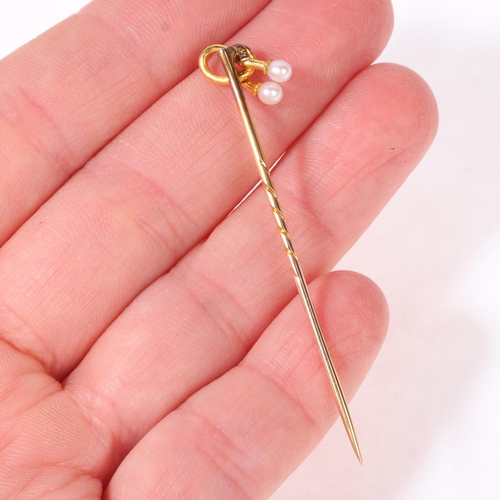 1134 - An Antique Victorian 15ct gold pearl knot stickpin, head 12.2mm, overall 5.5cm, 1.3g