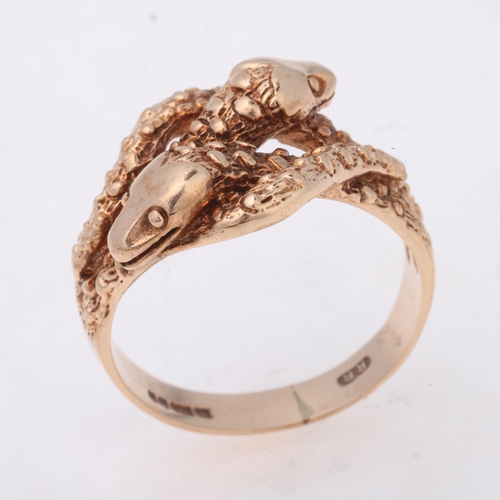 1139 - A Vintage 9ct gold double snake ring, maker RR, London 1979, realistically modelled as 2 intertwined... 