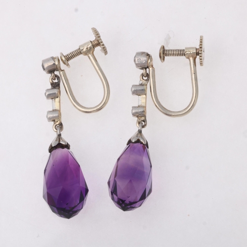 1140 - A pair of 9ct white gold amethyst and diamond drop earrings, set with briolette-cut amethyst suspend... 