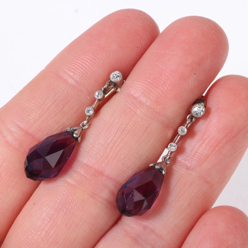 1140 - A pair of 9ct white gold amethyst and diamond drop earrings, set with briolette-cut amethyst suspend... 