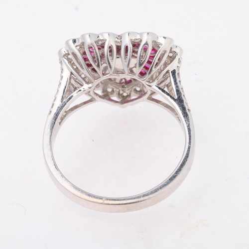 1152 - An 18ct white gold ruby and diamond heart target cluster ring, set with triangular rose-cut diamond ... 