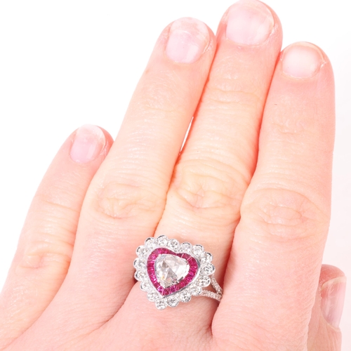 1152 - An 18ct white gold ruby and diamond heart target cluster ring, set with triangular rose-cut diamond ... 