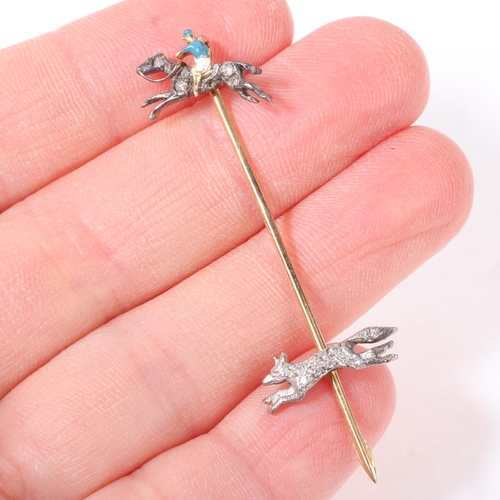 1159 - An Antique Victorian silver-topped 18ct gold diamond and enamel hunting stickpin, modelled as a hors... 