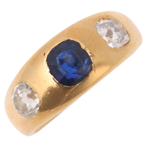 1166 - An Antique 18ct gold three stone sapphire and diamond gypsy ring, maker JB, indistinct date, rub-ove... 