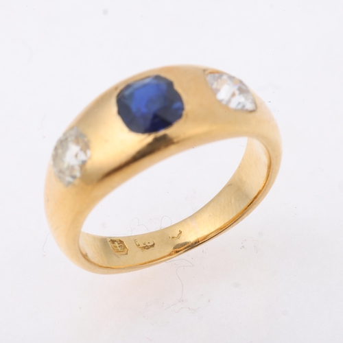 1166 - An Antique 18ct gold three stone sapphire and diamond gypsy ring, maker JB, indistinct date, rub-ove... 