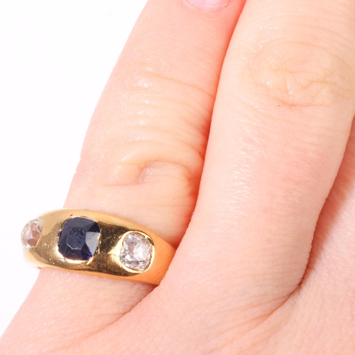 1166 - An Antique 18ct gold three stone sapphire and diamond gypsy ring, maker JB, indistinct date, rub-ove... 