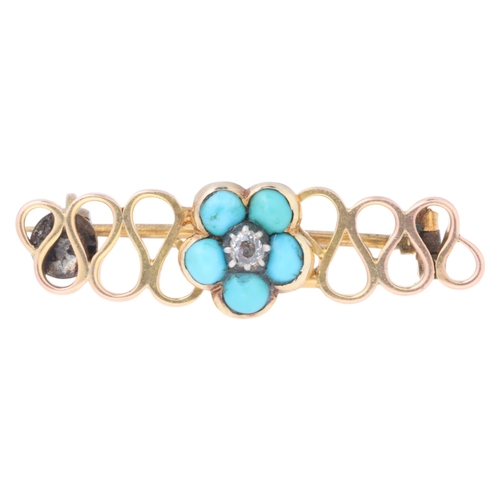 1167 - An Antique Victorian 9ct gold turquoise and diamond 'Forget-Me-Not' brooch, cut-down collet set with... 