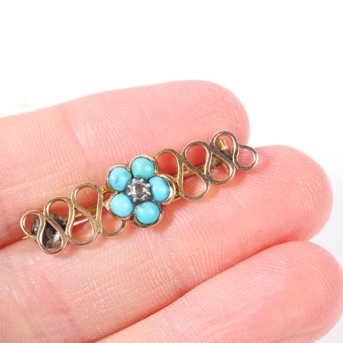 1167 - An Antique Victorian 9ct gold turquoise and diamond 'Forget-Me-Not' brooch, cut-down collet set with... 