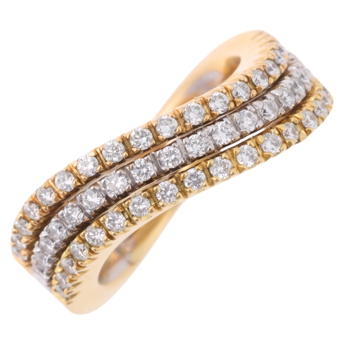 1171 - An 18ct three colour gold diamond wave band ring, maker LW, London 2002, set with modern round brill... 