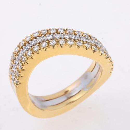 1171 - An 18ct three colour gold diamond wave band ring, maker LW, London 2002, set with modern round brill... 