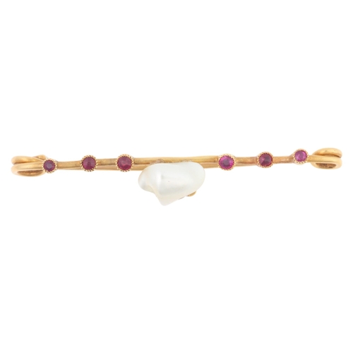 1172 - An Antique French 18ct gold natural Baroque pearl and ruby bar brooch, maker PL, 48mm, 2.8g