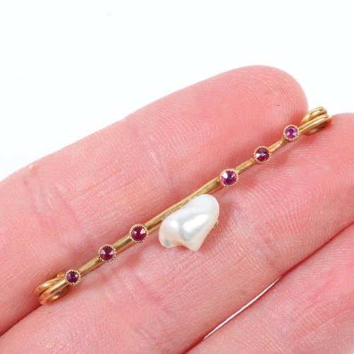 1172 - An Antique French 18ct gold natural Baroque pearl and ruby bar brooch, maker PL, 48mm, 2.8g