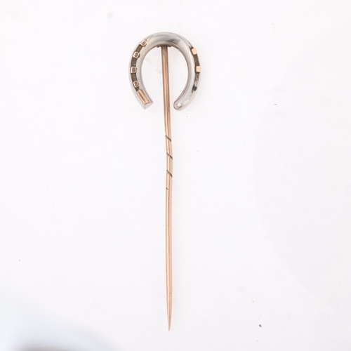 1184 - An Antique Victorian 9ct gold and platinum lucky horseshoe stickpin, circa 1900, unmarked mount test... 