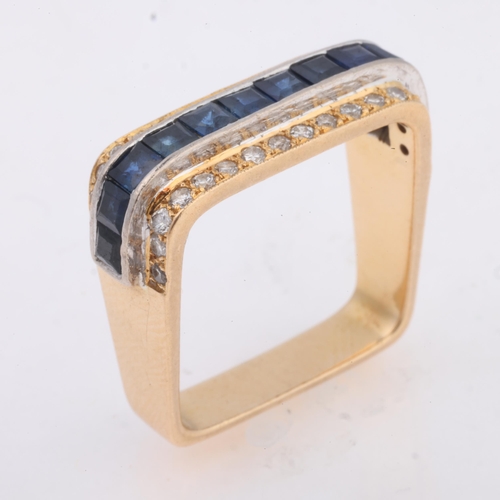 1187 - A 14ct gold sapphire and diamond geometric ring, channel set with calibre-cut sapphires flanked by 2... 