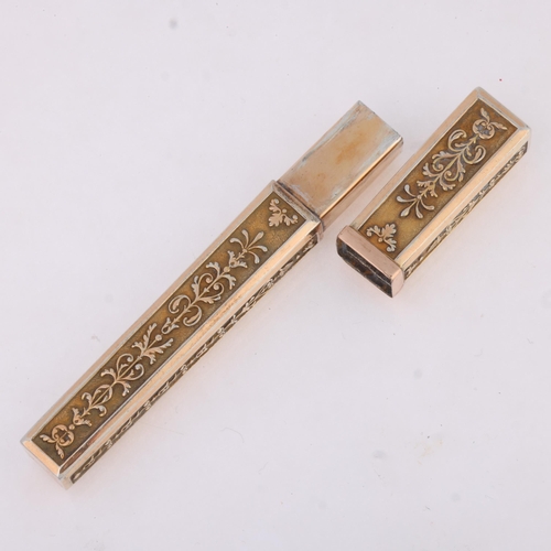 1188 - An Antique French silver-gilt needle case, maker JHB, tapered rectangular form with applied foliate ... 