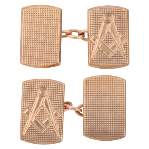 1209 - A pair of Vintage 9ct gold Masonic cufflinks, maker LW & G, London 1966, rectangular form with engra... 