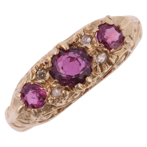 1210 - A 9ct gold seven stone ruby and diamond half hoop ring, maker RJC, Sheffield 1977, in the Victorian ... 