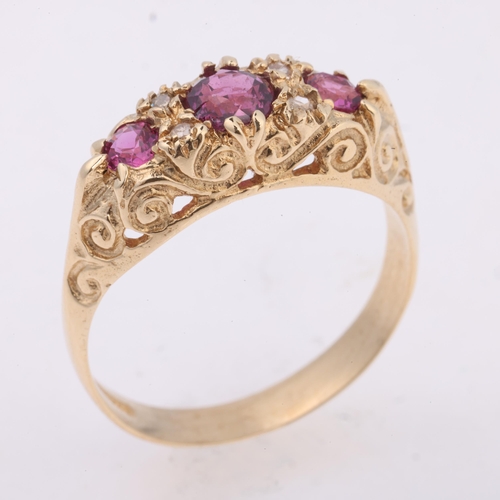 1210 - A 9ct gold seven stone ruby and diamond half hoop ring, maker RJC, Sheffield 1977, in the Victorian ... 