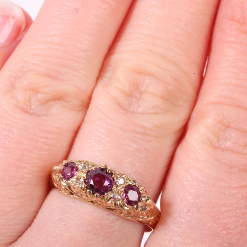 1210 - A 9ct gold seven stone ruby and diamond half hoop ring, maker RJC, Sheffield 1977, in the Victorian ... 