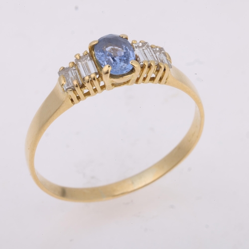 1214 - An 18ct gold five stone sapphire and diamond ring, claw set with 0.55ct oval mixed-cut sapphire flan... 