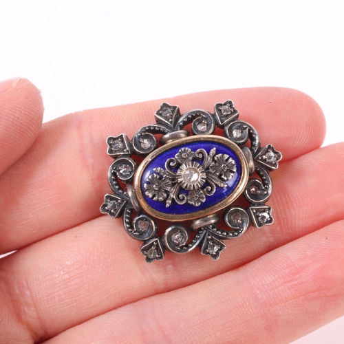 1216 - An Antique French blue enamel and diamond openwork brooch, the central oval blue enamel panel with a... 