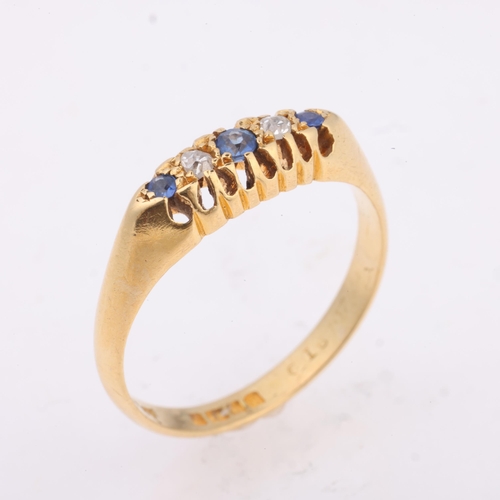 1219 - An Antique 18ct gold five stone sapphire and diamond half hoop ring, indistinct maker, London 1918, ... 