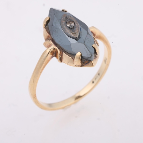 1270 - A 9ct gold hematite and cubic zirconia ring, set with faceted marquise hematite, setting height 15.9... 