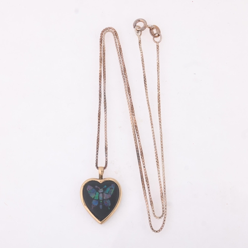 1272 - A Vintage 9ct gold mosaic opal 'Butterfly' heart pendant necklace, on silver-gilt box link chain, pe... 