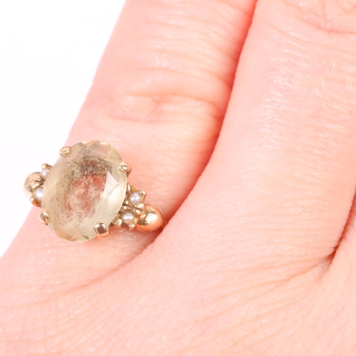 1276 - A Vintage 9ct gold citrine and split pearl ring, maker G & S, Birmingham 1979, setting height 10.1mm... 