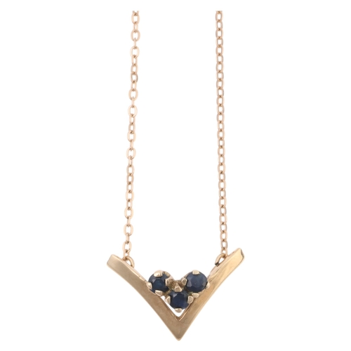 1277 - A 9ct gold sapphire wishbone pendant necklace, London 1977, 36cm, 1.5g