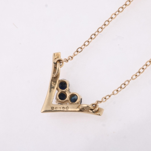 1277 - A 9ct gold sapphire wishbone pendant necklace, London 1977, 36cm, 1.5g