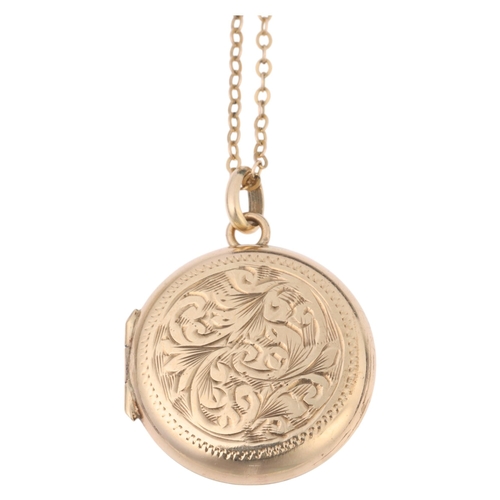 1278 - A Vintage 9ct gold photo locket pendant necklace, Chester 1957, circular form with foliate engraved ... 