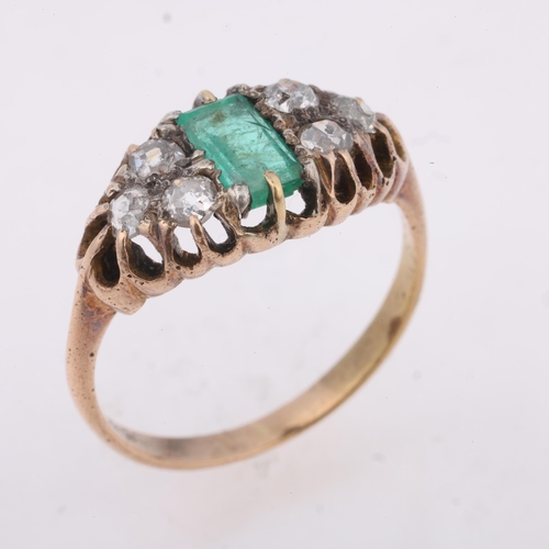 1301 - An Antique 14ct gold emerald and diamond half hoop ring, set with rectangular step-cut emerald and o... 