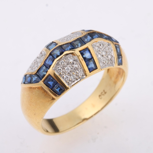 1302 - An 18ct gold sapphire and diamond bombe ring, channel set with calibre-cut sapphires and modern roun... 