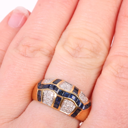 1302 - An 18ct gold sapphire and diamond bombe ring, channel set with calibre-cut sapphires and modern roun... 