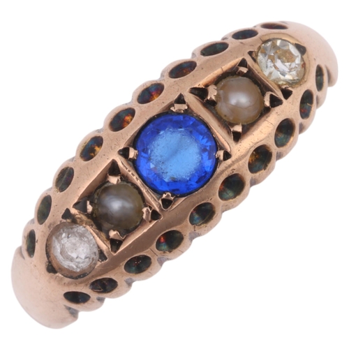 1305 - An Antique 9ct rose gold five stone half hoop ring, maker T & S, Chester 1902, set with blue paste, ... 