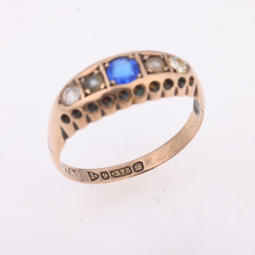 1305 - An Antique 9ct rose gold five stone half hoop ring, maker T & S, Chester 1902, set with blue paste, ... 