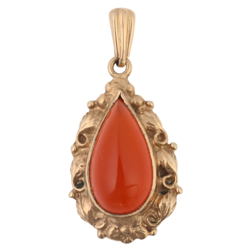 1306 - A Vintage 9ct gold carnelian drop pendant, maker S & Co, Birmingham 1974, rub-over set with pear cab... 