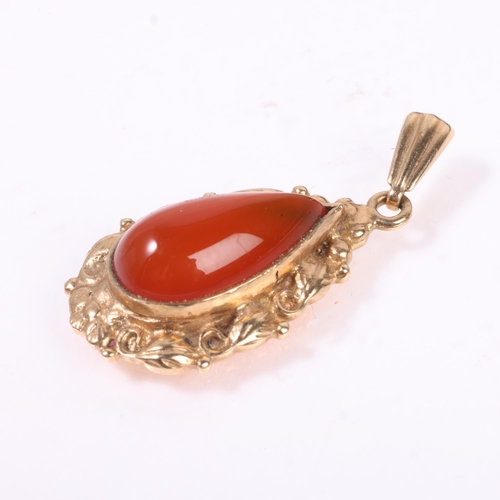 1306 - A Vintage 9ct gold carnelian drop pendant, maker S & Co, Birmingham 1974, rub-over set with pear cab... 