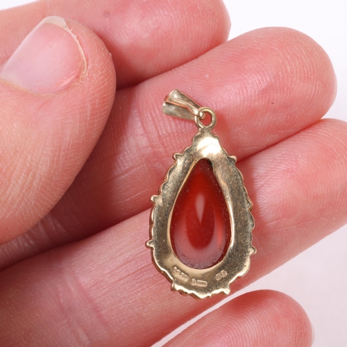 1306 - A Vintage 9ct gold carnelian drop pendant, maker S & Co, Birmingham 1974, rub-over set with pear cab... 