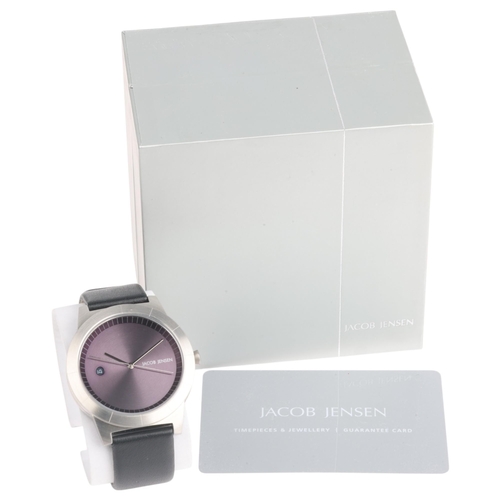 1017 - JACOB JENSEN - a stainless steel Ascent quartz calendar wristwatch, ref. 141, purple dial with baton... 