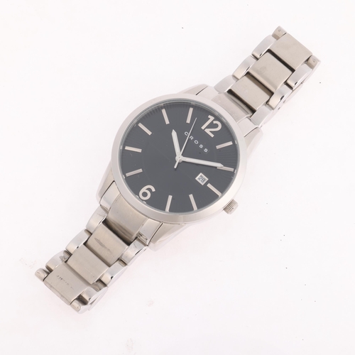 1042 - CROSS - a stainless steel Gotham quartz calendar bracelet watch, ref. CR8002-11, black fluted dial w... 