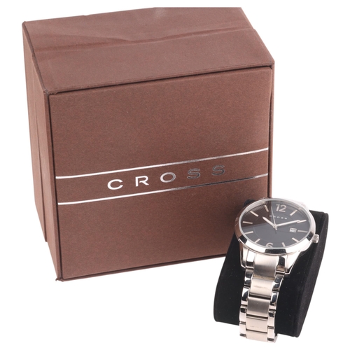 1042 - CROSS - a stainless steel Gotham quartz calendar bracelet watch, ref. CR8002-11, black fluted dial w... 