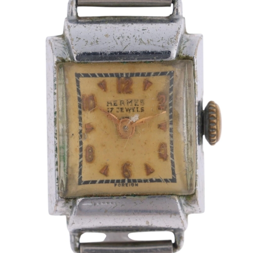 1063 - HERMES - a lady's Vintage chrome plated mechanical bracelet watch, circa 1960s, silvered dial with g... 