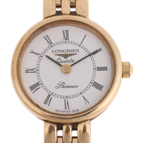 1069 - LONGINES - a lady's 9ct gold Presence quartz bracelet watch, white dial with Roman numeral hour mark... 