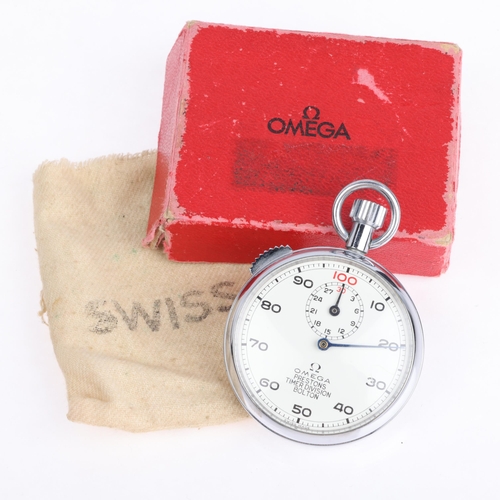 1071 - OMEGA - a Vintage chrome open-face keyless stop watch, circa 1960, white dial with black Arabic nume... 